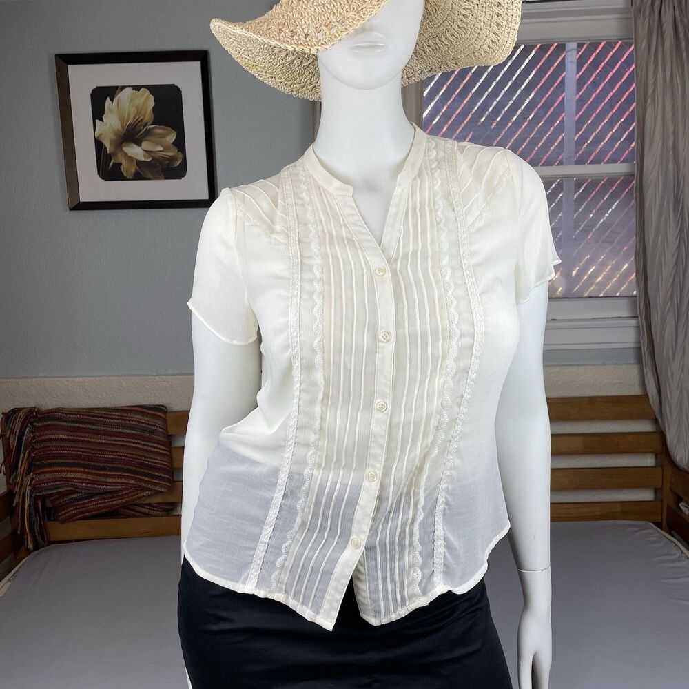 Norton McNaughton Short Sleeve Button Front Top Women's 12 Sheer Ivory Blouse